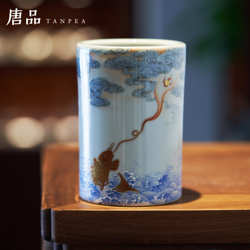 Powder enamel enamel auspicious more pen container full manual seawater goldfish little brush pot document room paint antique porcelain furnishing articles