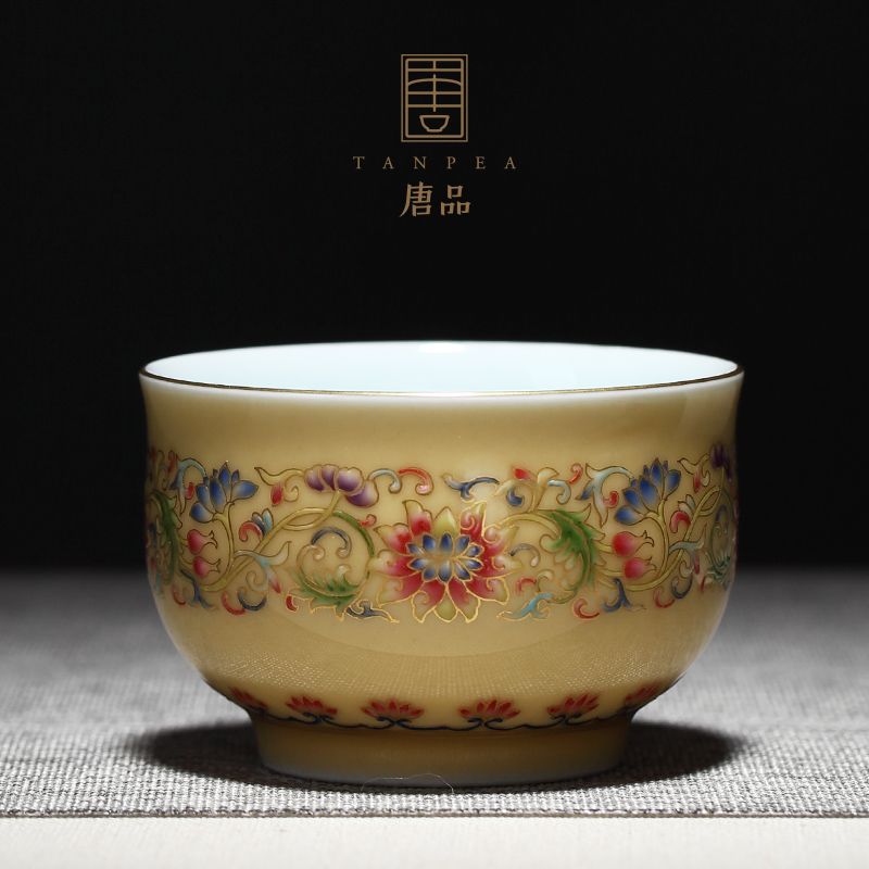 See Colour enamel kung fu tea cup tie up lotus flower tattoo master individual cup of jingdezhen ceramic cup jiao yellow large cup