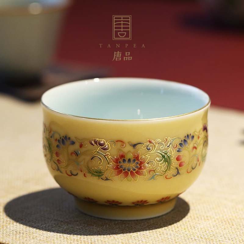 See Colour enamel kung fu tea cup tie up lotus flower tattoo master individual cup of jingdezhen ceramic cup jiao yellow large cup