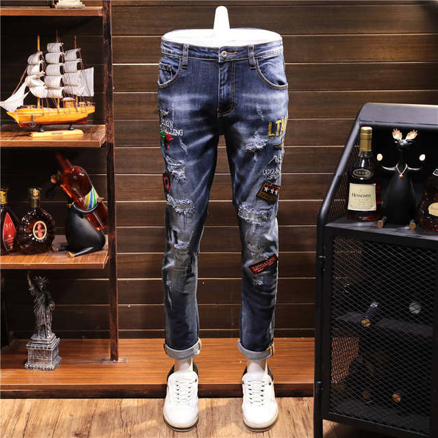 ພາກຮຽນ spring ແລະດູໃບໄມ້ລົ່ນແບບຍີ່ປຸ່ນ ripped patch badge jeans ຜູ້ຊາຍ embroidered trendy ບາດເຈັບແລະຕີນຂະຫນາດນ້ອຍໄວຫນຸ່ມ punk ຜູ້ຊາຍ pants ຍາວ