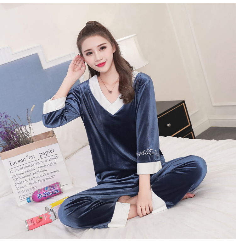 Trang phục nữ giải trí nhung vàng hai mảnh mùa thu có thể mặc rộng rãi v-cổ áo dài tay áo ngọt ngào bộ đồ mặc nhà mùa hè