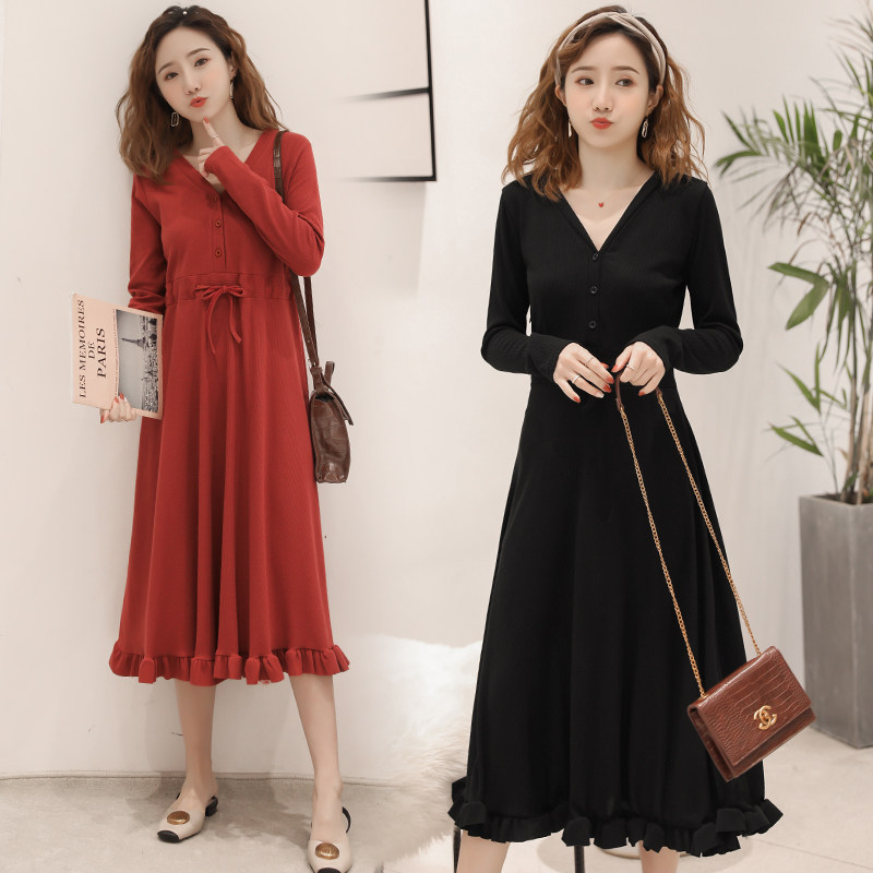Online Red Gestation Woman Dress Autumn Dress Ocean Wave 2020 Spring and Autumn Medium Long Version Laced Clothing Out Fashion Suit Fall