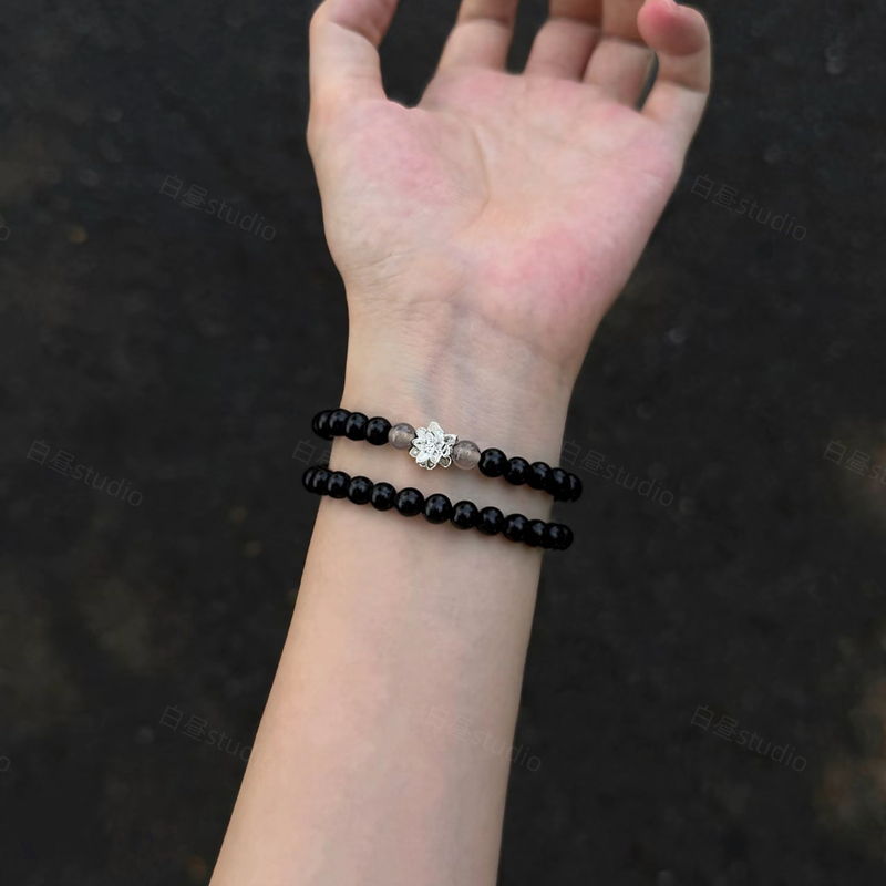 Original Daytime Design | Ebony + Gray Agate Silver Lotus New Chinese Style Wooden Bead Bracelet Stackable Wooden Bracelet 6mm