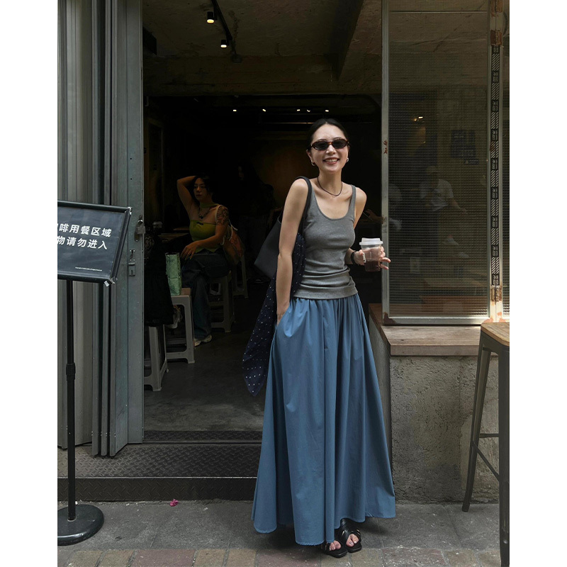 Blue A-Line High-Waisted Pleated Floor-Length Skirt, Summer Long Skirt for Tall Women, Umbrella Skirt, Workwear Half Skirt for Women