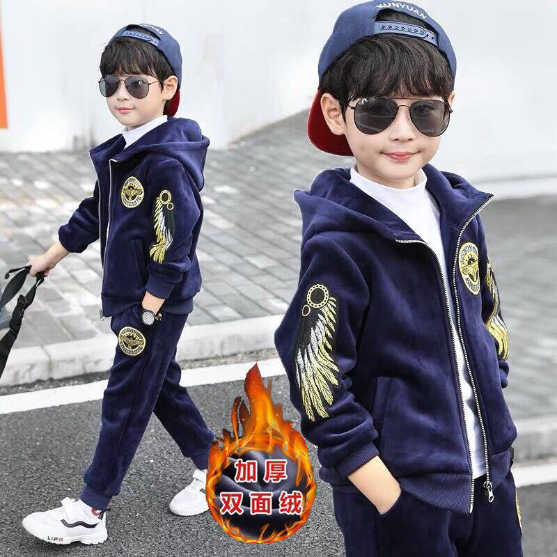 Boys' gold velvet suit 2022 autumn and winter new Korean version of the boy's foreign style plus velvet thickened double-sided velvet two-piece set