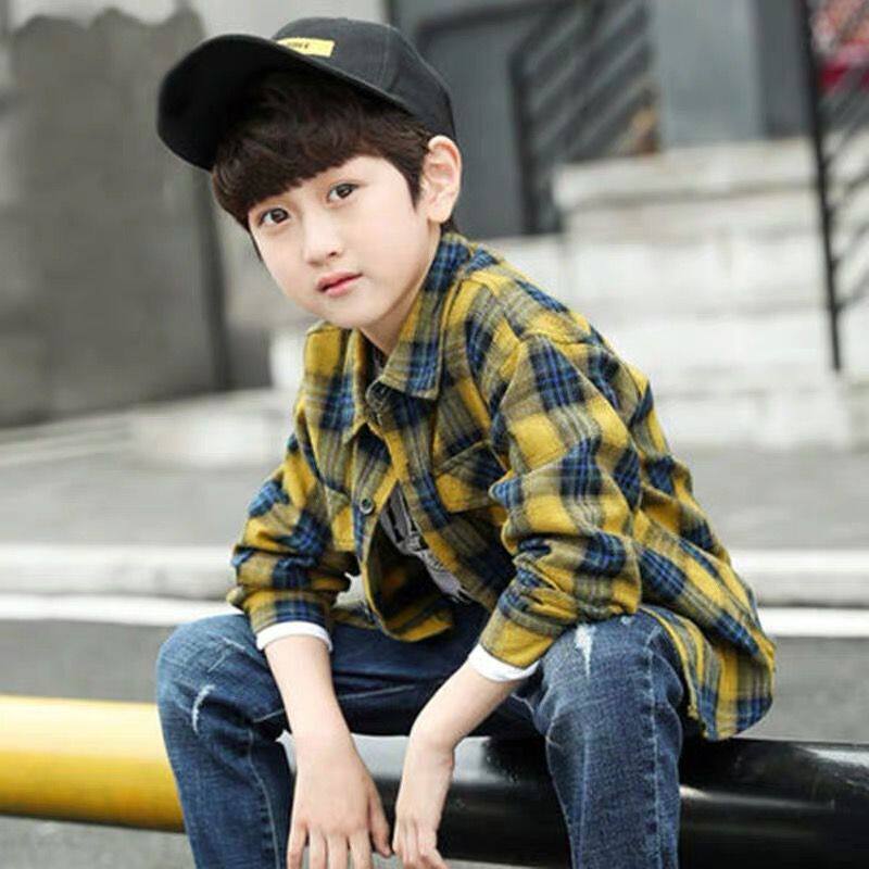 Boy pure cotton shirt grinding Mao 2022 new spring and autumn children's boy plaid lining clothes CUHK Scout Han version of the wave