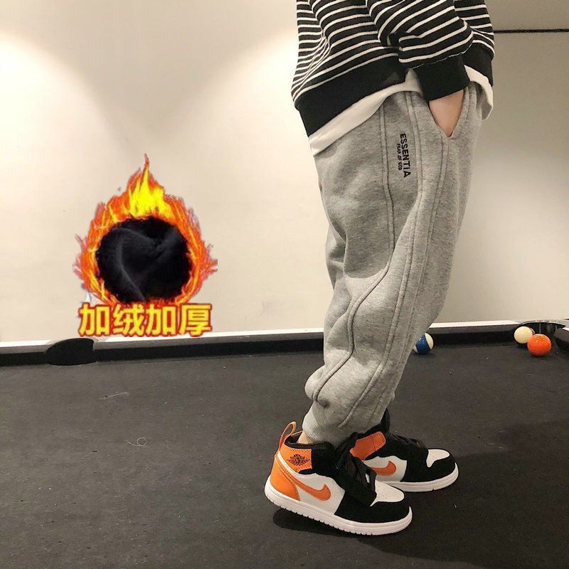 Boys plus velvet casual thick cotton pants pure cotton 2022 letters wild children's loose Japanese beam pants baby cigarette pants