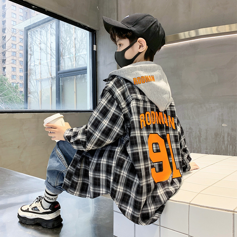 Boys' Plaid Shirt Spring 2024 New Children's Long-Sleeved Shirt for Older Kids, Spring and Autumn Loose Jacket Trendy