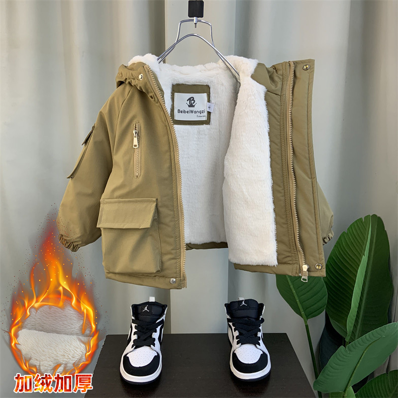 Boys' Fleece-Lined Cotton Jacket 2024 New Winter Thickened down Cotton Coat Warm Hooded Parka Cotton Coat