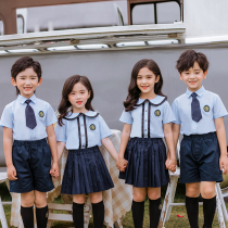 Kindergarten garden clothes British style summer clothes New short sleeve blue shirt set childrens class clothes performance uniforms primary school uniforms