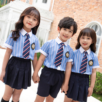 British Academy Style Primary School School Uniform Summer New Blue Striped Short Sleeve Shirt Class Clothes Set Kindergarten Clothing