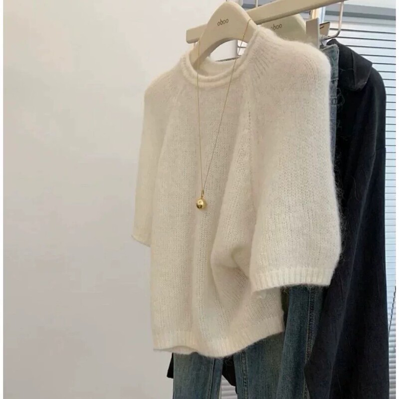 Autumn and Winter Brushed 5% Cashmere Knitwear for Women, Round Neck Short-Sleeved Sweater, Versatile Base Layer, Brushed Wool Knitwear