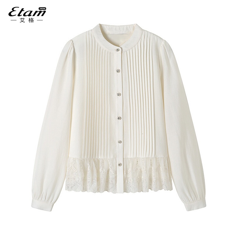 Aige 2025 Autumn New Stand Collar Shirt for Women, Off-White Lace Patchwork Accordion Pleated Commuter French Style Top