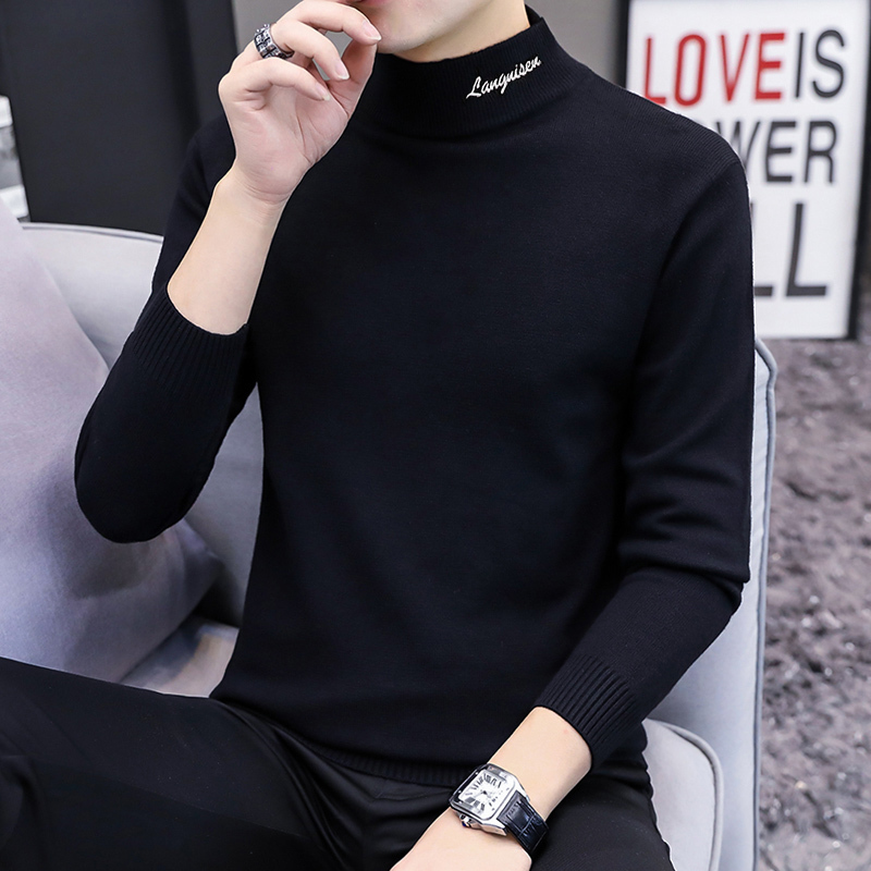 Men's Turtleneck Sweater Korean Style Trendy Embroidered Knit Base Shirt Autumn and Winter Black Inner Wool Sweater with Turn-Down Collar