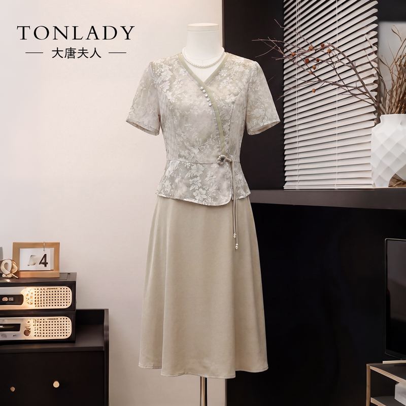 Mom's New Summer Dress, Middle-Aged and Elderly Women's Clothing, Fake Two-Piece Dress, High-End, Age-Reducing, New Chinese Style Mid-Length Dress
