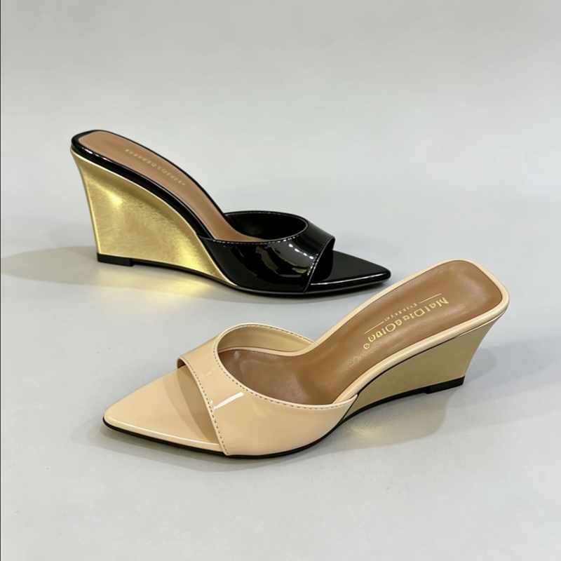 Gold Wedge Sandals 2025 Summer New High-Heeled Shoes Patent Leather Shallow Pointed Toe Shoes Women's Versatile Irregular Heel Slippers