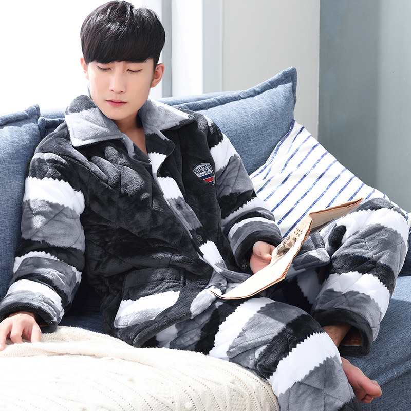 Men's triple layer clip cotton padded jacket winter warm pyjamas coral suede thickened and velvety flannel suede suit winter