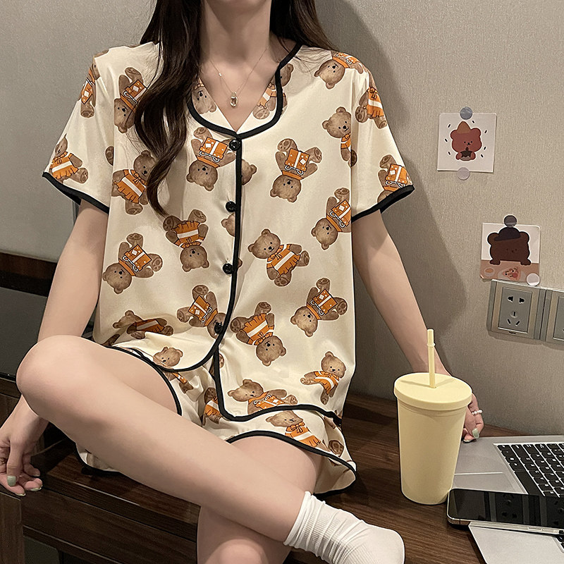 Spring Summer Ice Silk Thin Sleepwear Woman Short Sleeve Sweet Silk Summer 2022 Cartoon Little Bear Family Residence Suit Suit