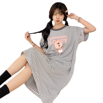 Teen Girl Sleepwear With Chest Cushion Summer Cute Short Sleeves Striped Sleeping Skirt Long Summer Pure Cotton Thin big code Home Home Clothes