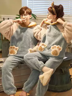 Autumn and winter pajamas female coral velvet plus velvet thickened warm Men's flannel winter home wear suit