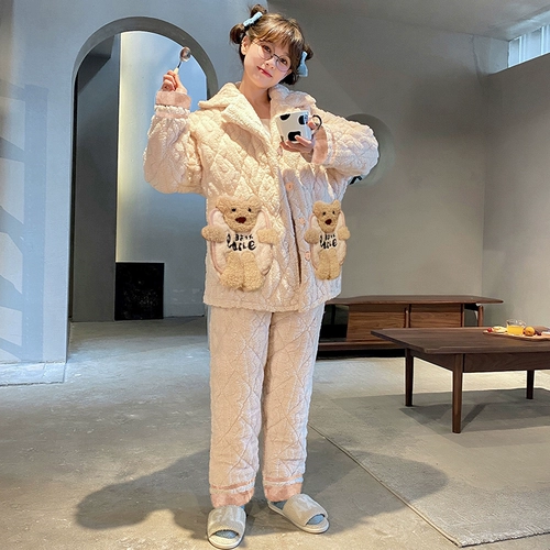 Демисезонная коралловая бархатная пижама, стеганая фланелевая утепленная куртка, милый комплект