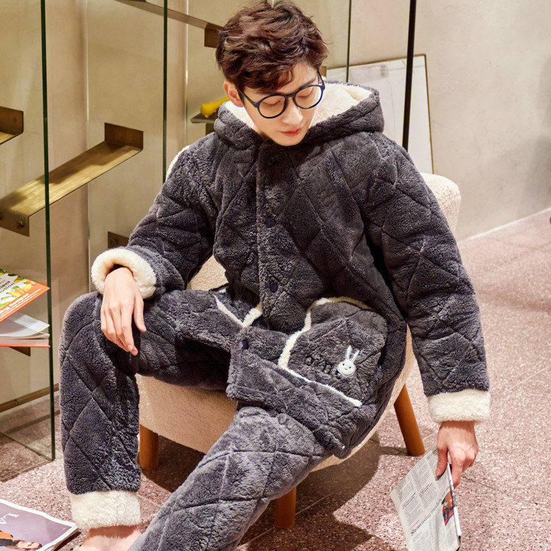 Men's pajamas fall/winter three-layer cotton jacket with thickened plush coral fleece insulation hooded homewear set winter