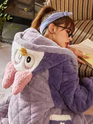 Pajamas women's autumn and winter three-layer padded padded flannel coral velvet home clothing cartoon hooded hot clothes