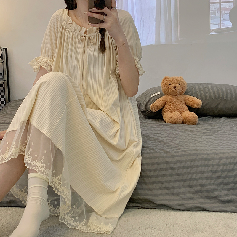 Sleeping Skirt Woman 2022 New Spring Summer Palace Wind Thin Knitted Cotton Short Sleeve Sweet Princess Pyjamas Pyjamas Pyjamas