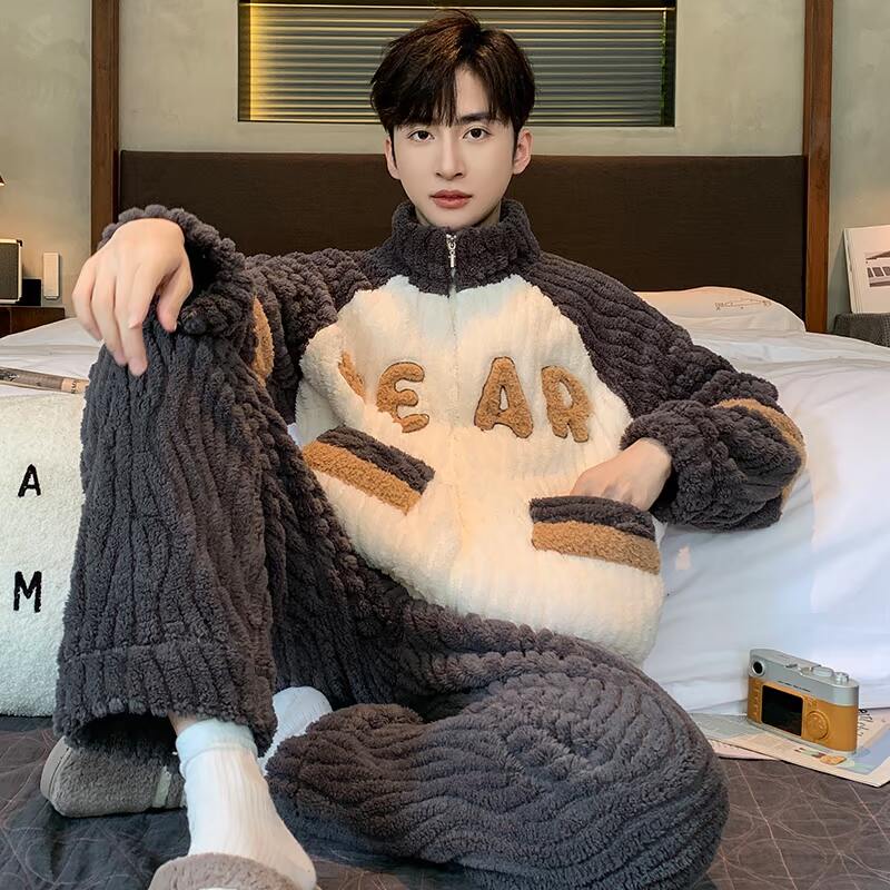 Sleepwear Male Coral Suede Winter Plus Suede Thickened Boy Zipper Warm Flannel Suede Men's Winter Home Clothes-Taobao