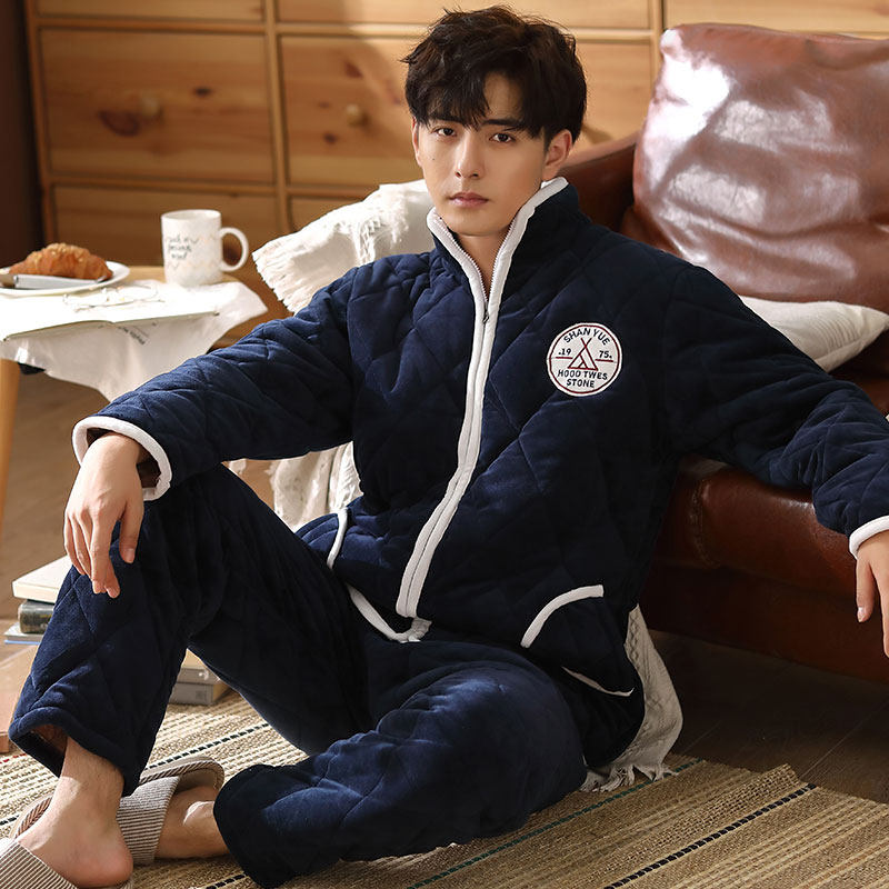 Winter flannel pajamas men's thickened coral fleece quilted autumn and winter men's cotton-padded jacket large size home service winter suit