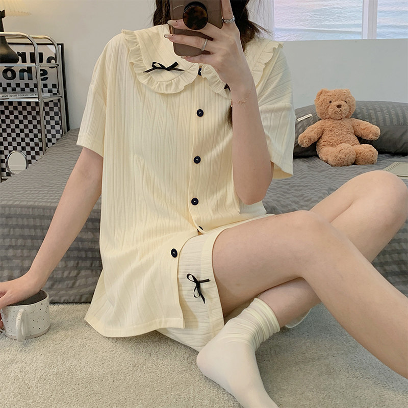 Summer pajamas women's short-sleeved knitted cotton thin section solid color cute girl student Korean version of home clothes can be worn outside suit