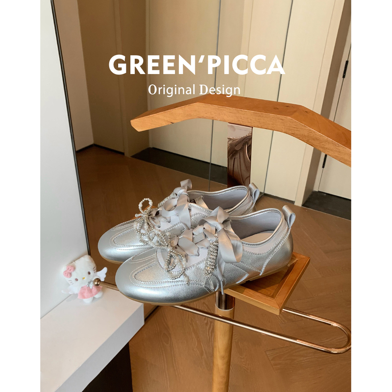 Same Style as Yang Mi~ Ballet Bow Silver-Colored German Training Shoes for Women 2026 New Model Piano Key Note Casual Sneakers