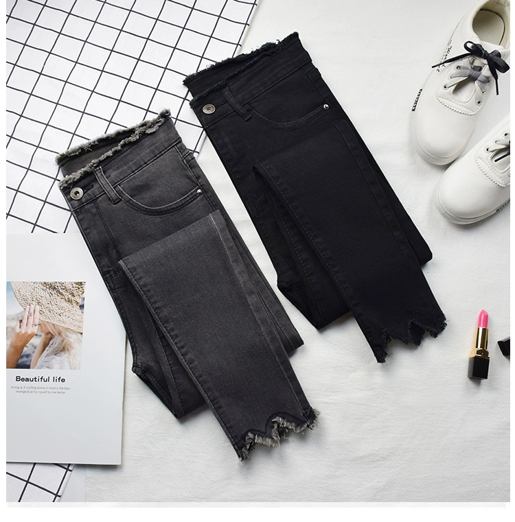 Xuân 2018 mới eo cao cộng với quần jeans nhung nữ phiên bản Hàn Quốc cỡ lớn đã mỏng và bó sát 9 điểm nhỏ chân bút chì