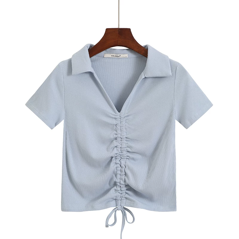 Летняя дизайнерская футболка, тонкая короткая поло, тренд сезона, drawstring