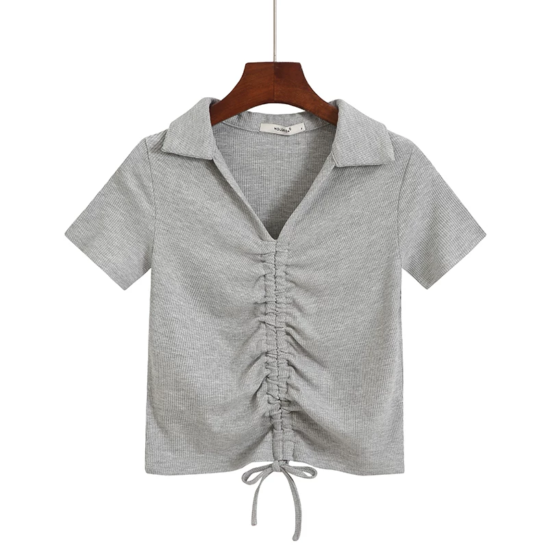 Летняя дизайнерская футболка, тонкая короткая поло, тренд сезона, drawstring