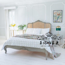 French antique rattan bed American solid wood carved rattan bed European style old master bedroom king bed wedding bed high-end villa bed