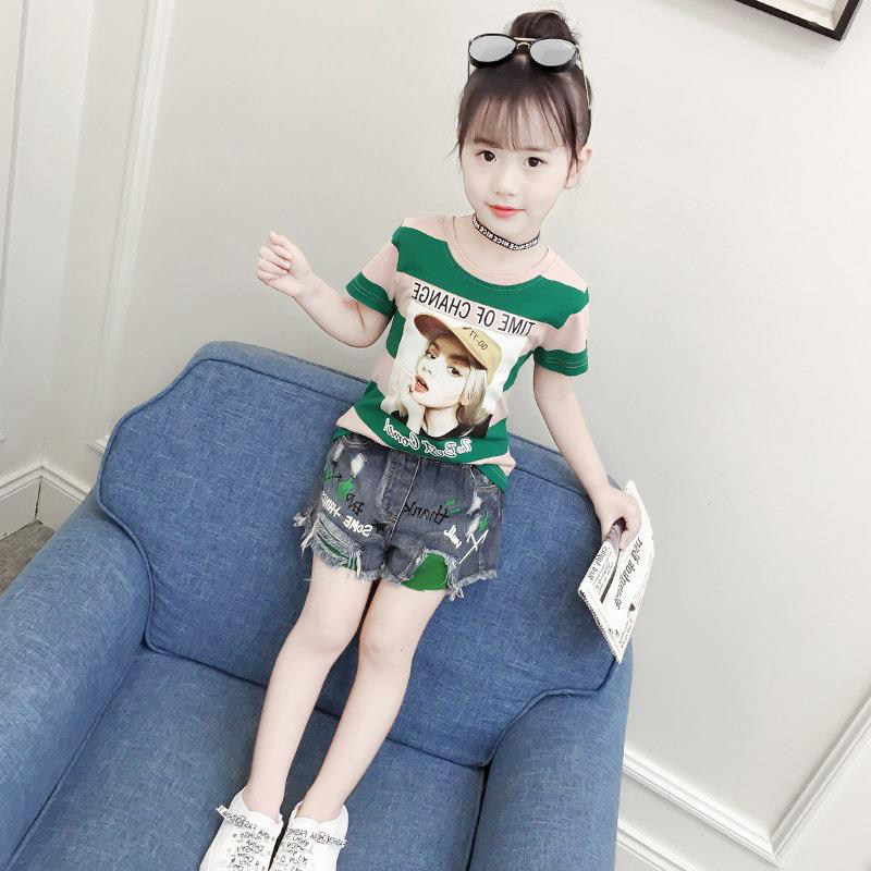 Girl's Summer Suit 2022 New Trendy Ocean Dress Trends Short Sleeve Denim Shorts Girls Sport Two Suits