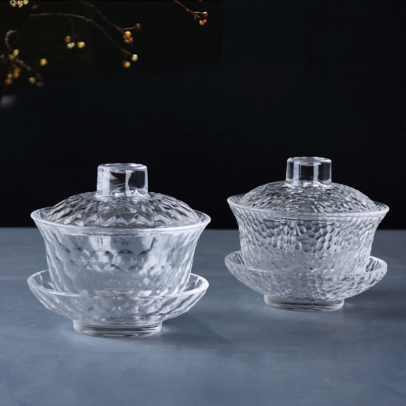 Glass cover bowl teacup thickened heat-resistant kung fu tea set three talent bowl household anti-scalding tea bowl hammer pattern cup