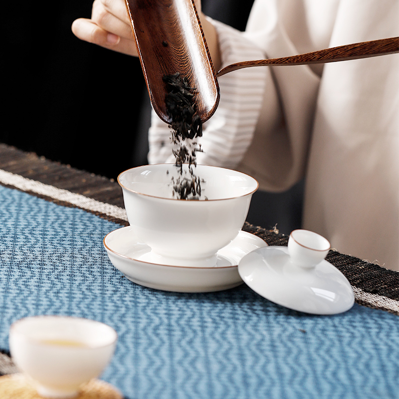 Gaiwan tea cup heat-resistant ceramic tea bowl kung fu tea set Longquan celadon large household white porcelain three talent bowl set