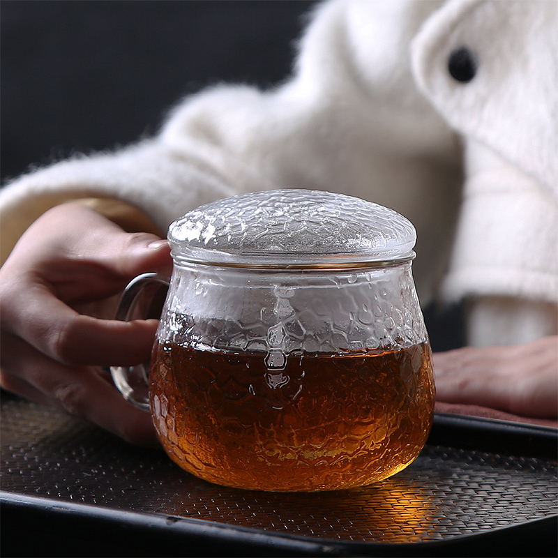 Hammer glass flower tea cup thickened heat-resistant three-piece transparent liner office men's and women's cup tea and water separation household cup