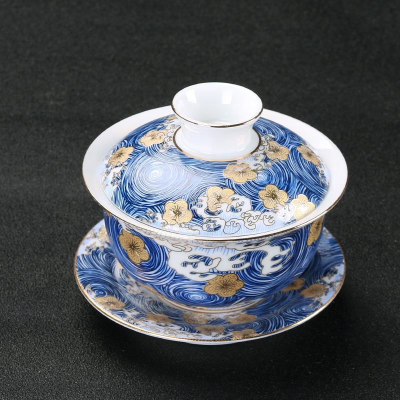 Cover Bowl Tea Cup Green Flower Enamel Color Ceramic Home Hand Grip Pot Big 3 Bubble Tea Bowl Kung Fu Tea Bowl Set