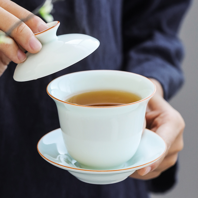 Gaiwan white porcelain color glaze large single household anti-scalding three-cai gaiwan blue and white porcelain tea bowl kung fu tea set