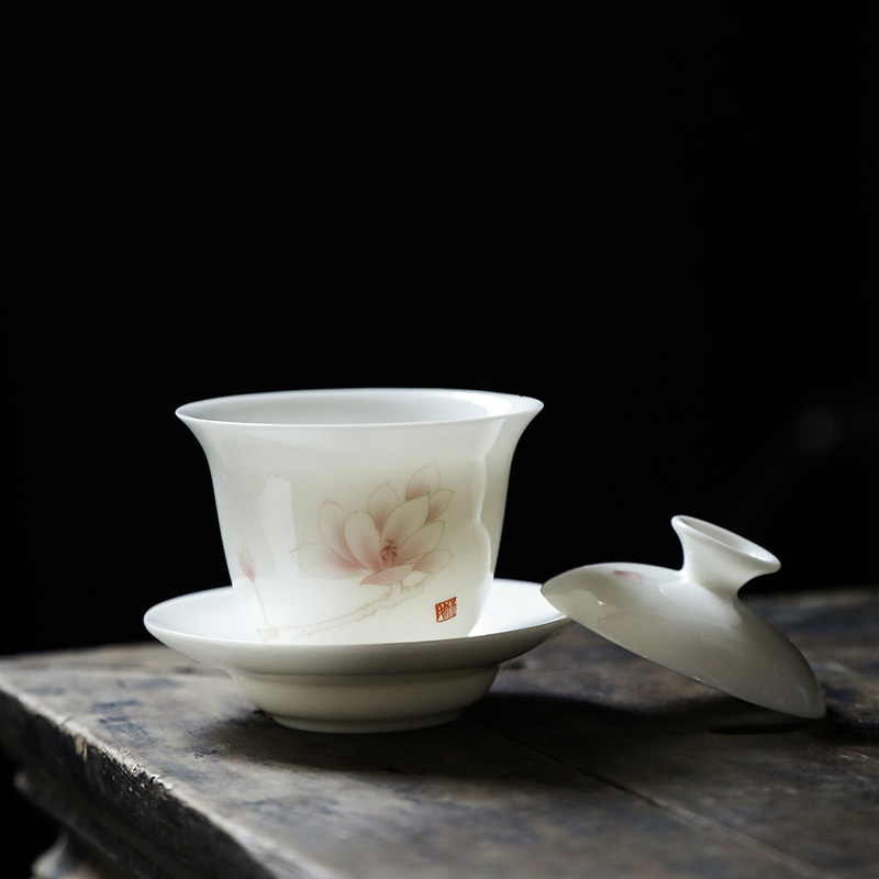 Heat Resistant Cover Bowl Tea Cup Kung Fu Tea Tea Set Group Ceramic Bubble Tea Bowl Large Number Domestic Dragon Springs Green Porcelain White Porcelain White Porcelain Triple Bowl