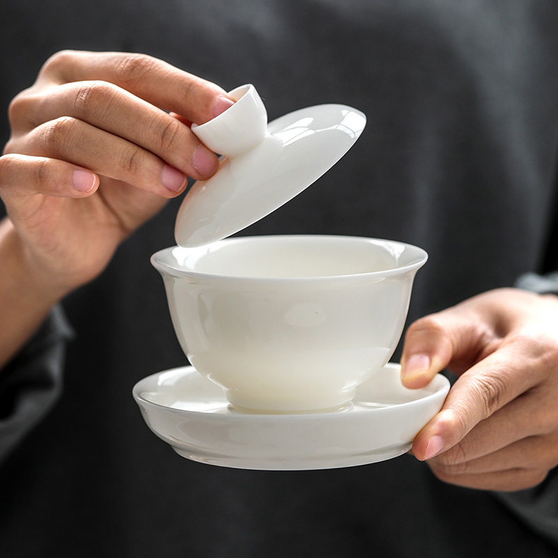 Dehua White Porcelain Cover Bowl Single Tea Cup Household Sancai Tea Bowl with Lid Ceramic Mutton Jade Kung Fu Tea Set