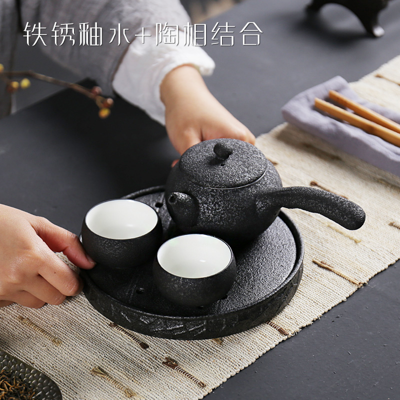 Rust glaze dry bubble set Coarse pottery tea plate Creative ceramic one pot two cups of pot bearing small water storage tea table tea