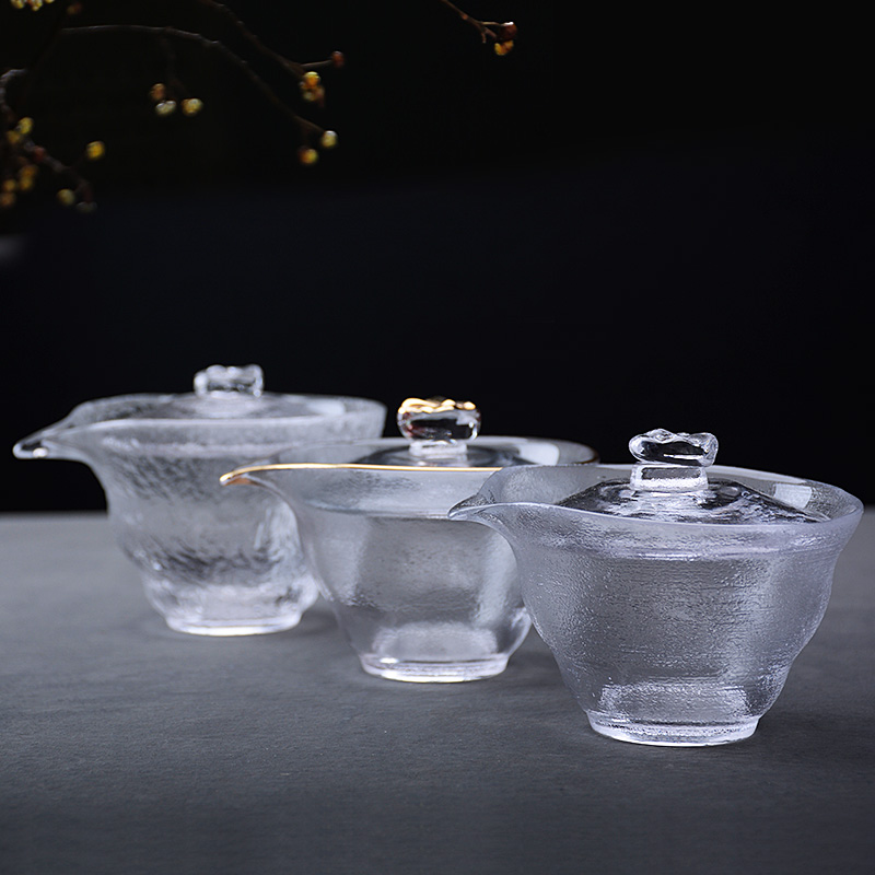 Japanese-style Snow hammer glass hand grab pot cover bowl thicken heat resistant three-tall bowl large frosted tea bowl