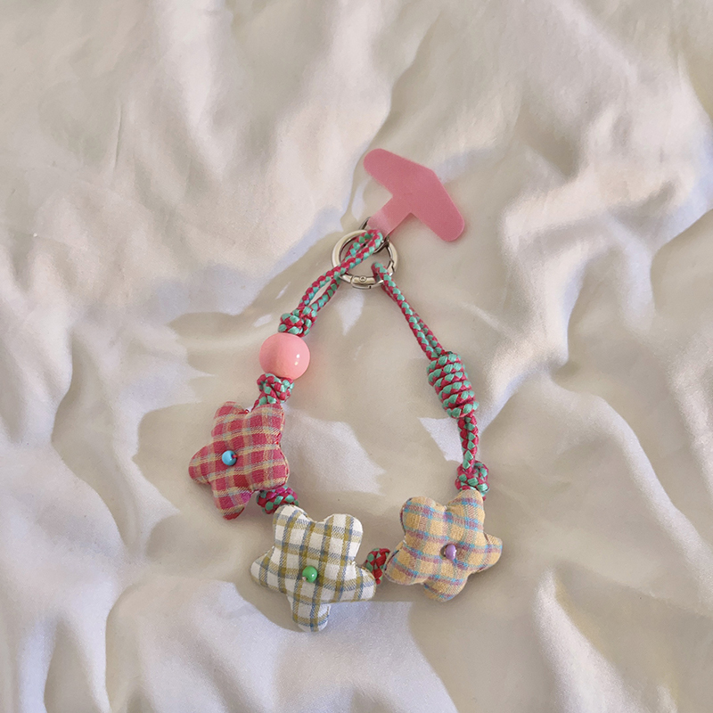 Casual LAOSHU Sweet Fabric Plaid Flower Beaded Bracelet Mobile Phone Case Keychain Korean Style Short Lanyard for Girls Casual LAOSHU Sweet Fabric Plaid Flower Beaded Bracelet Mobile Phone Case Keychain Korean Style Short Lanyard for Girls