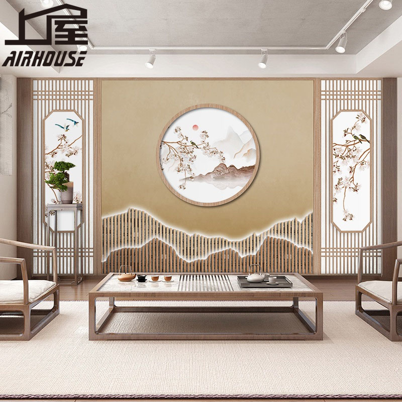 3D Chinese courtyard wallpaper Ancient style decoration flowers and birds zen mural living room Chinese style landscape painting tea room wallpaper