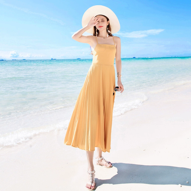 Mùa hè mới của phụ nữ có dây xếp li Sling Váy voan Bohemian Váy dài đi biển Váy đi biển cho kỳ nghỉ - Sản phẩm HOT
