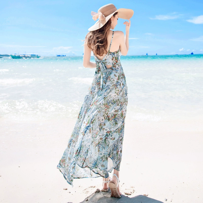 Mùa hè 2018 Thái Lan Phụ nữ Bali váy hoa backless boho váy dài đi biển bên bờ biển - Váy dài